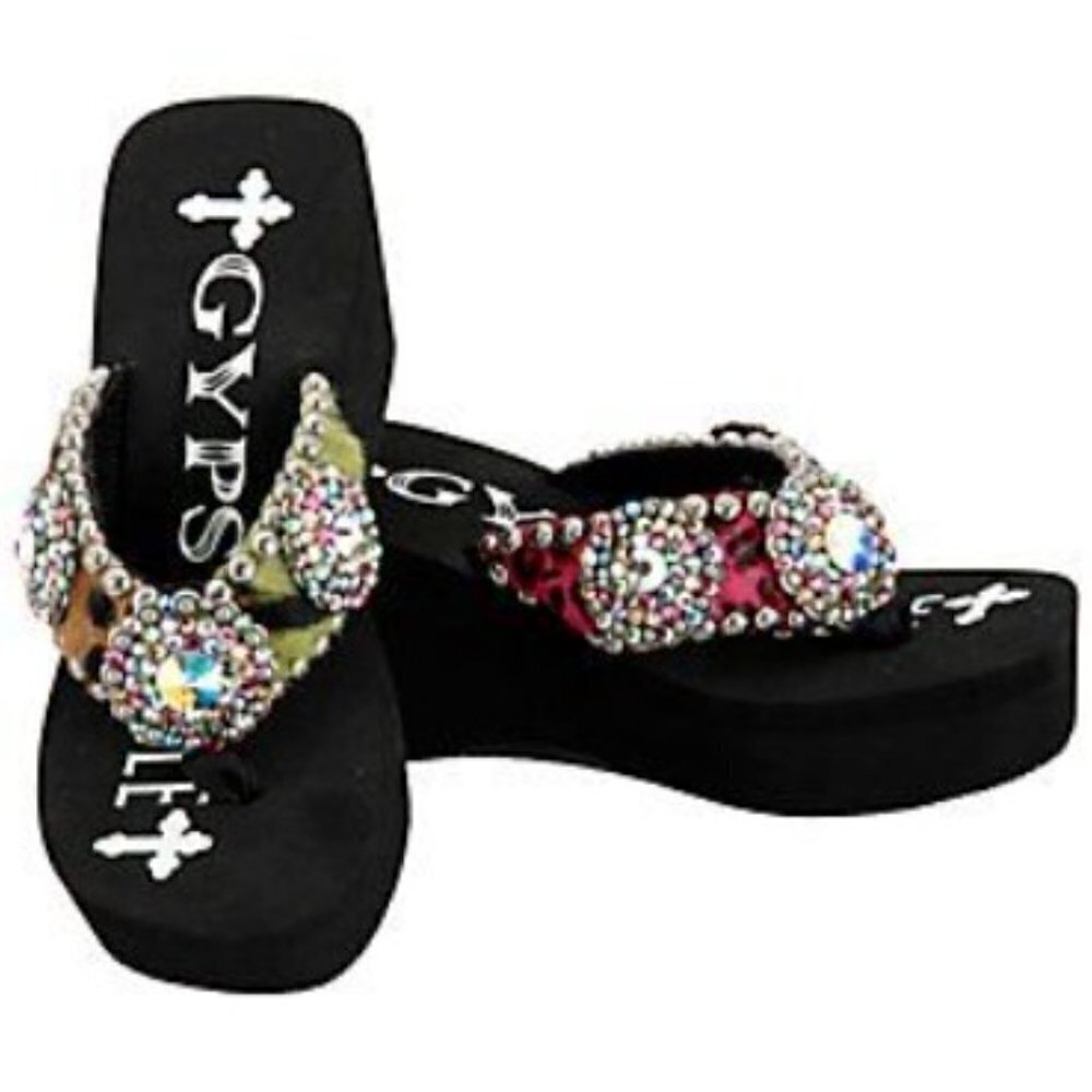 GYPSY SOULE Black Platform Flip-flops BeDazzle Swarovski Crystal Rhinestones 8